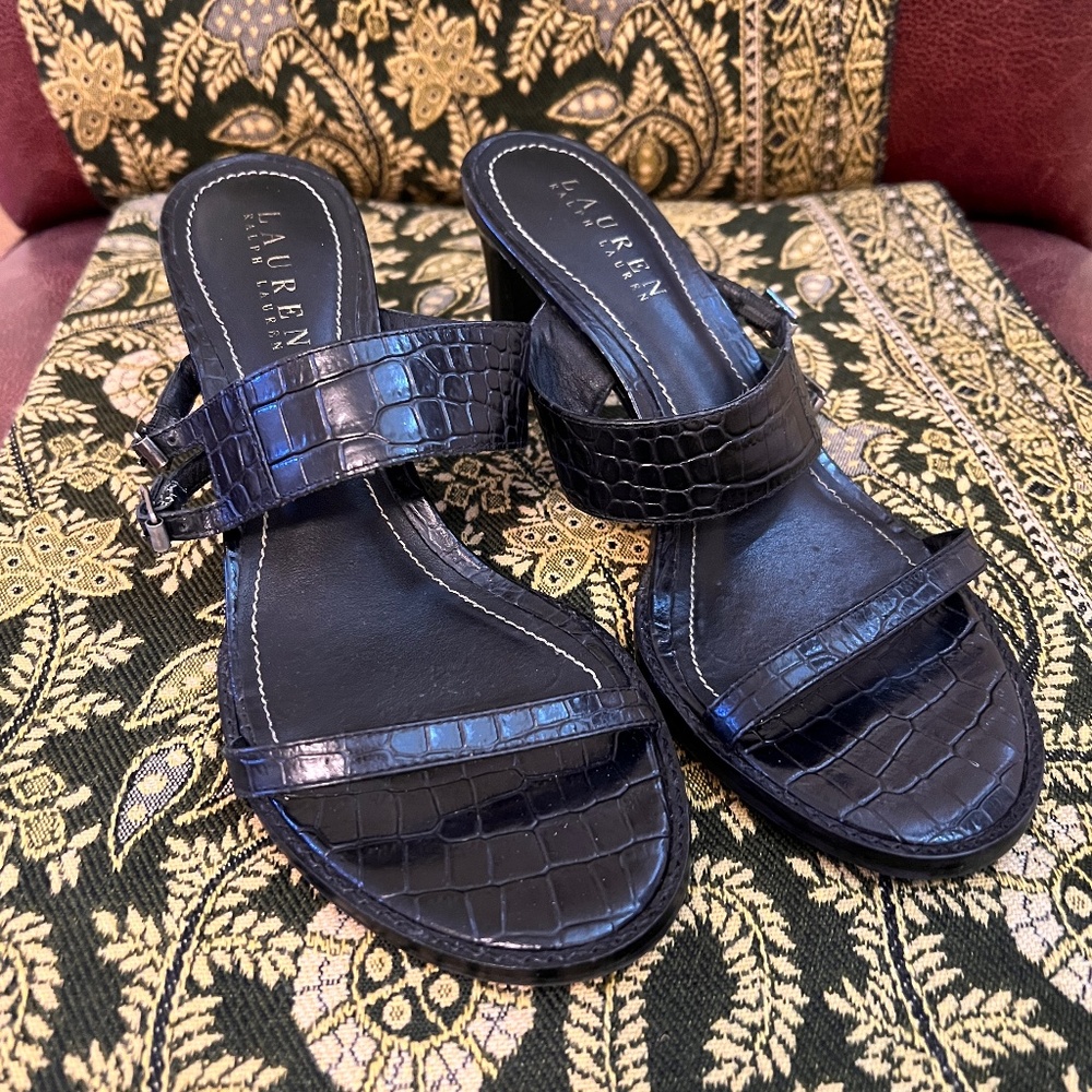 Ralph Lauren Brazil-made Black Embossed Leather Heeled Slide Strap Sandals Sz 7